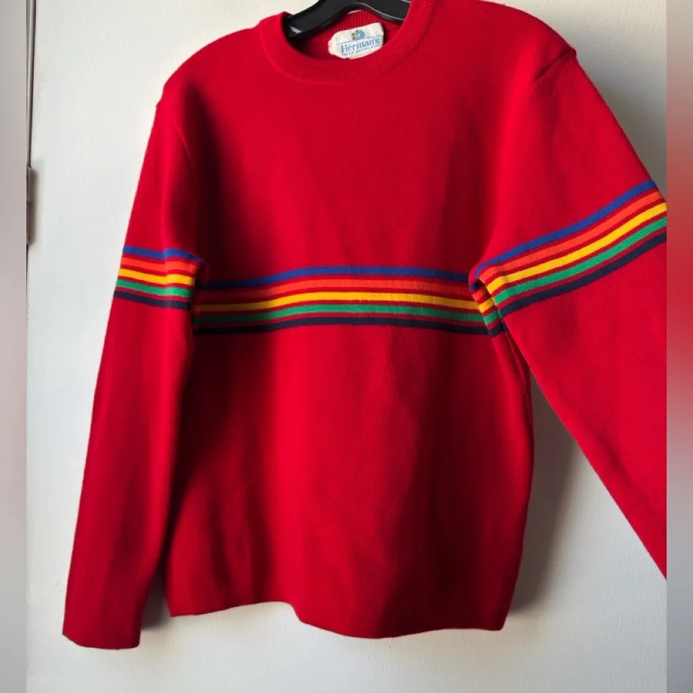 Vintage Herman’s Wool Red Sweater with Multicolor Stripes